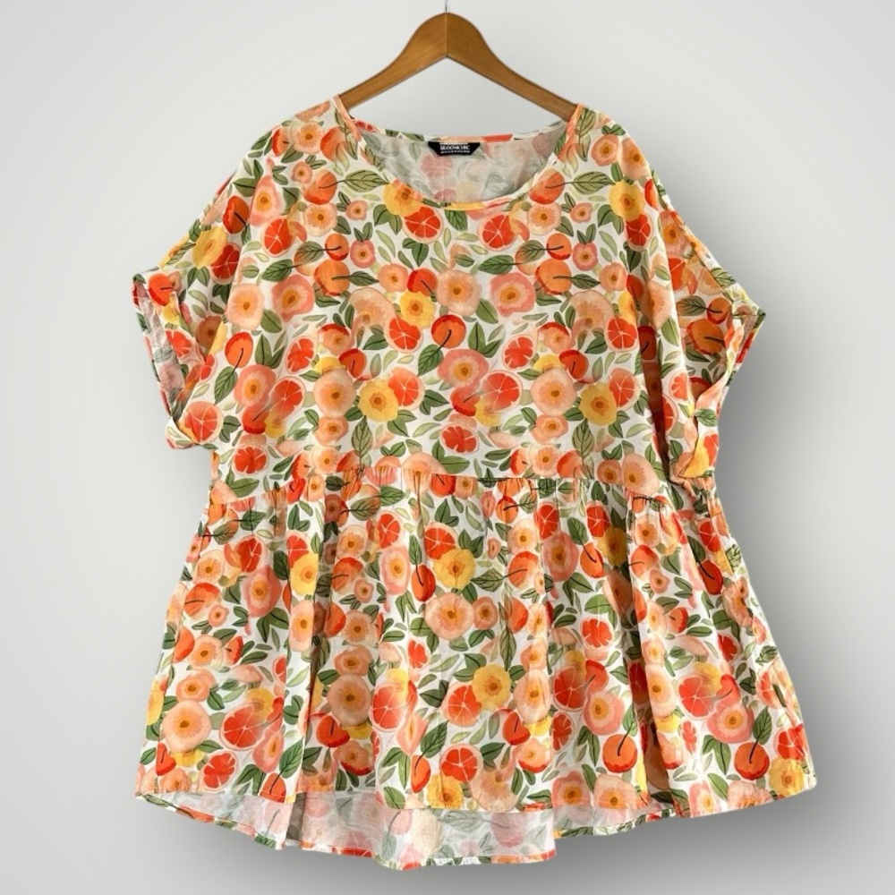 BloomChic Floral Peplum Blouse in Cream, Orange, Yellow, Green